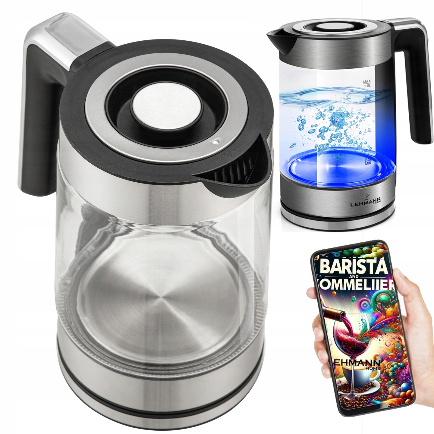 Lehmann INOX LED rýchlovarná kanvica 2200 W 1,8 l priehľadná